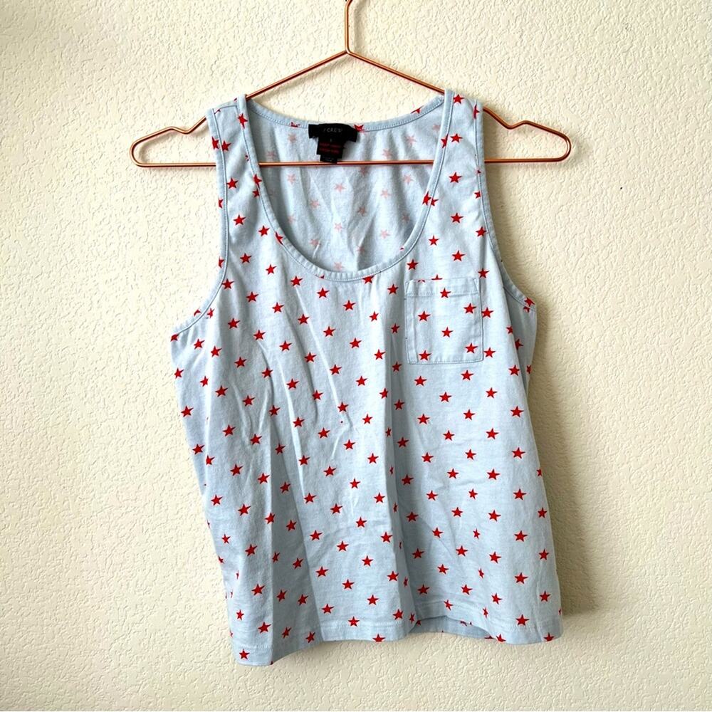 J Crew light blue tank top red star print